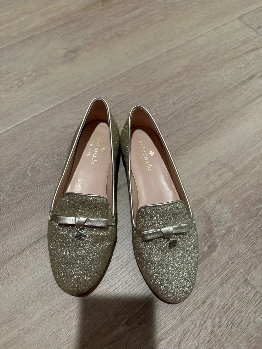 Kate Spade Georgia Metallic Gold Glitter Loafers with Bow Accent - Size 6